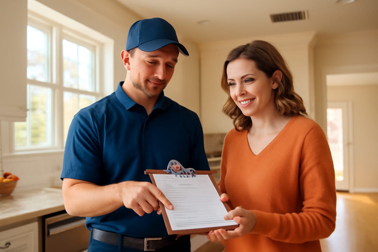 Technician reviewing an upfront written air duct cleaning quote with a Houston homeowner