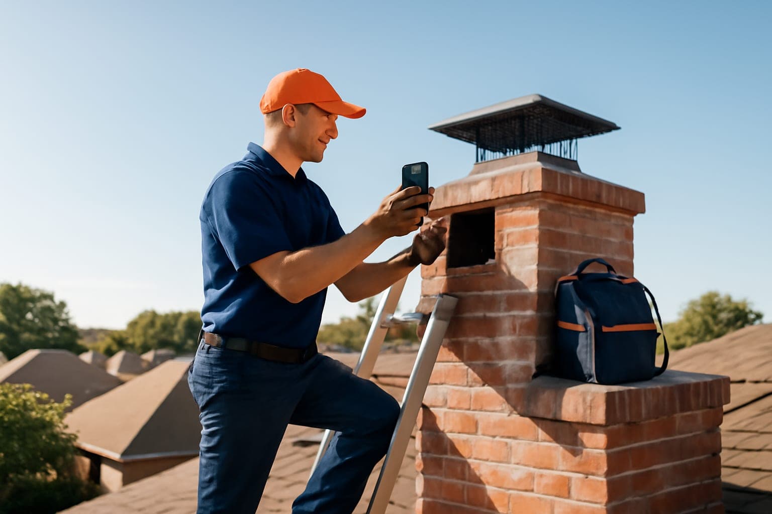 Chimney sweep performing a camera inspection of a flue on a brick Houston home before winter