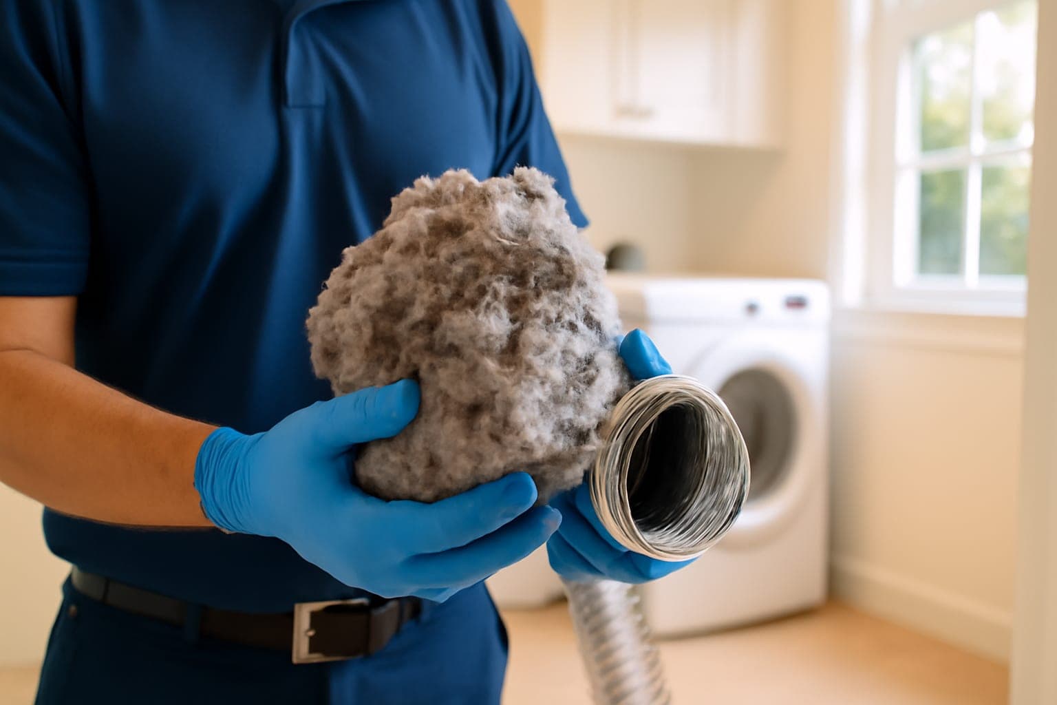 Dense lint blockage removed from a clogged dryer vent line in a Houston two-story home