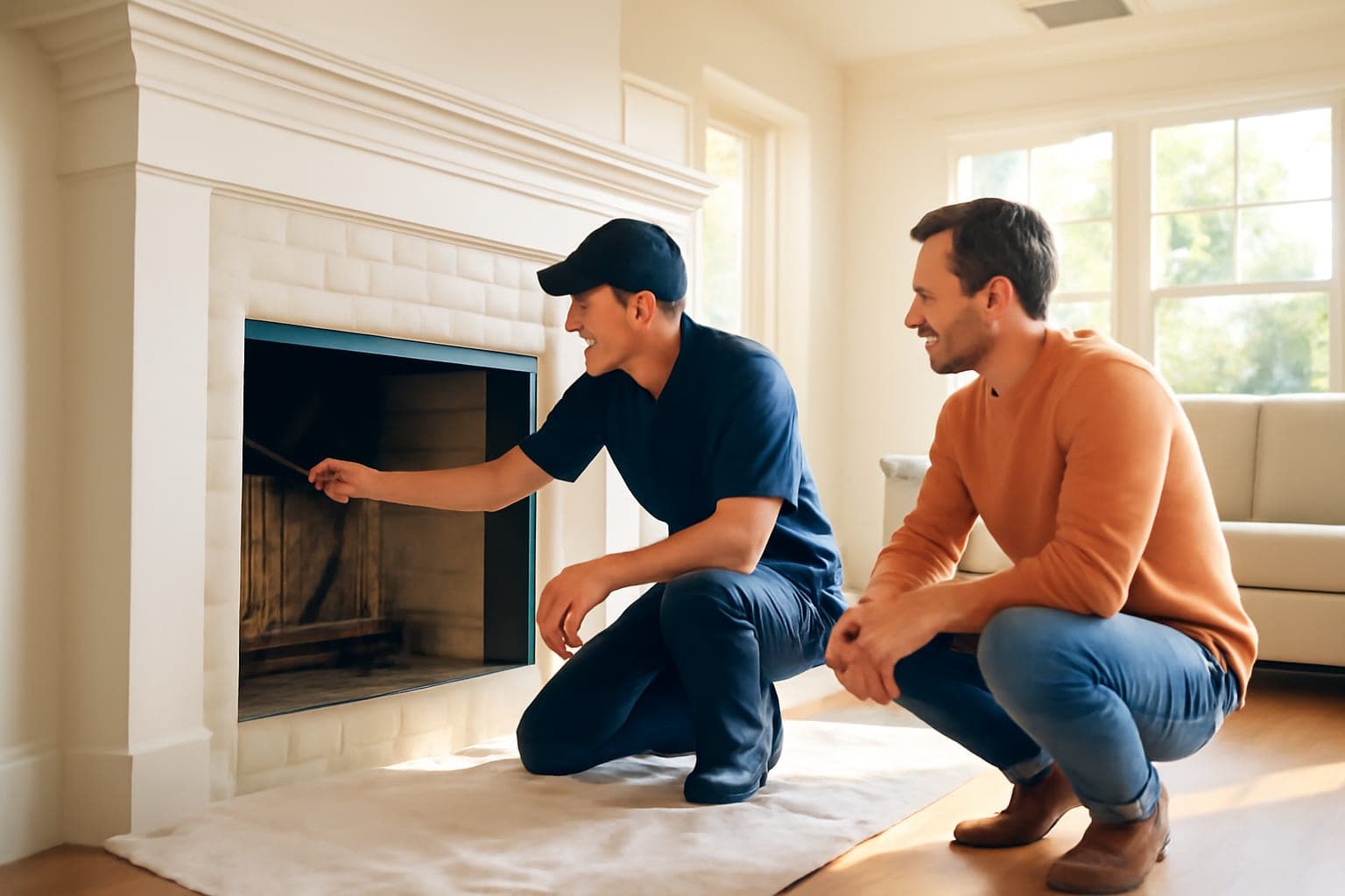 Chimney technician showing a Houston homeowner the damper inside their fireplace firebox on a sunlit morning