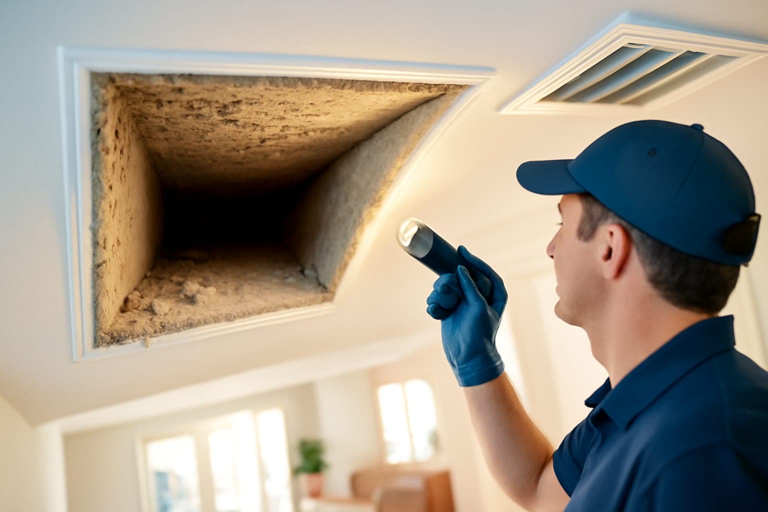 Inside view of a dusty residential air duct in a Houston home before professional cleaning
