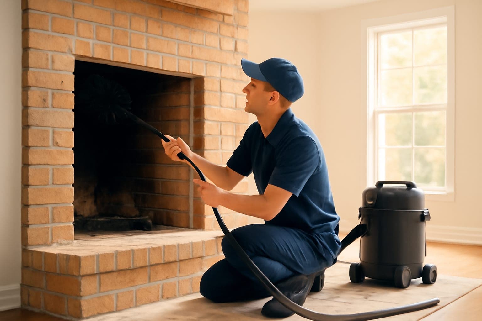 Certified chimney sweep cleaning creosote from a brick chimney on a Houston home