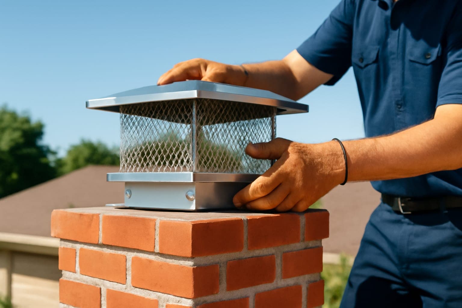 Technician fitting a new stainless steel screened chimney cap on a Houston home to keep birds and squirrels out