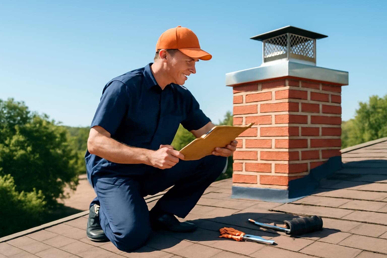 Chimney technician inspecting the chase cover and crown of a brick chimney on a Houston home roof