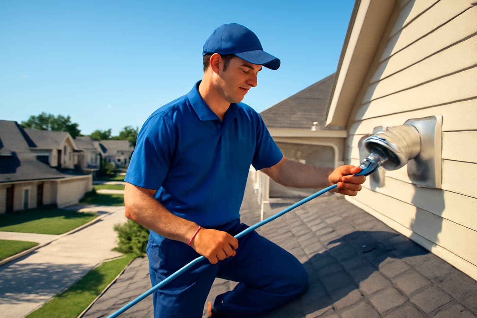 Dryer vent cleaning technician on the roof of a two-story Houston home feeding a brush rod into the vent outlet