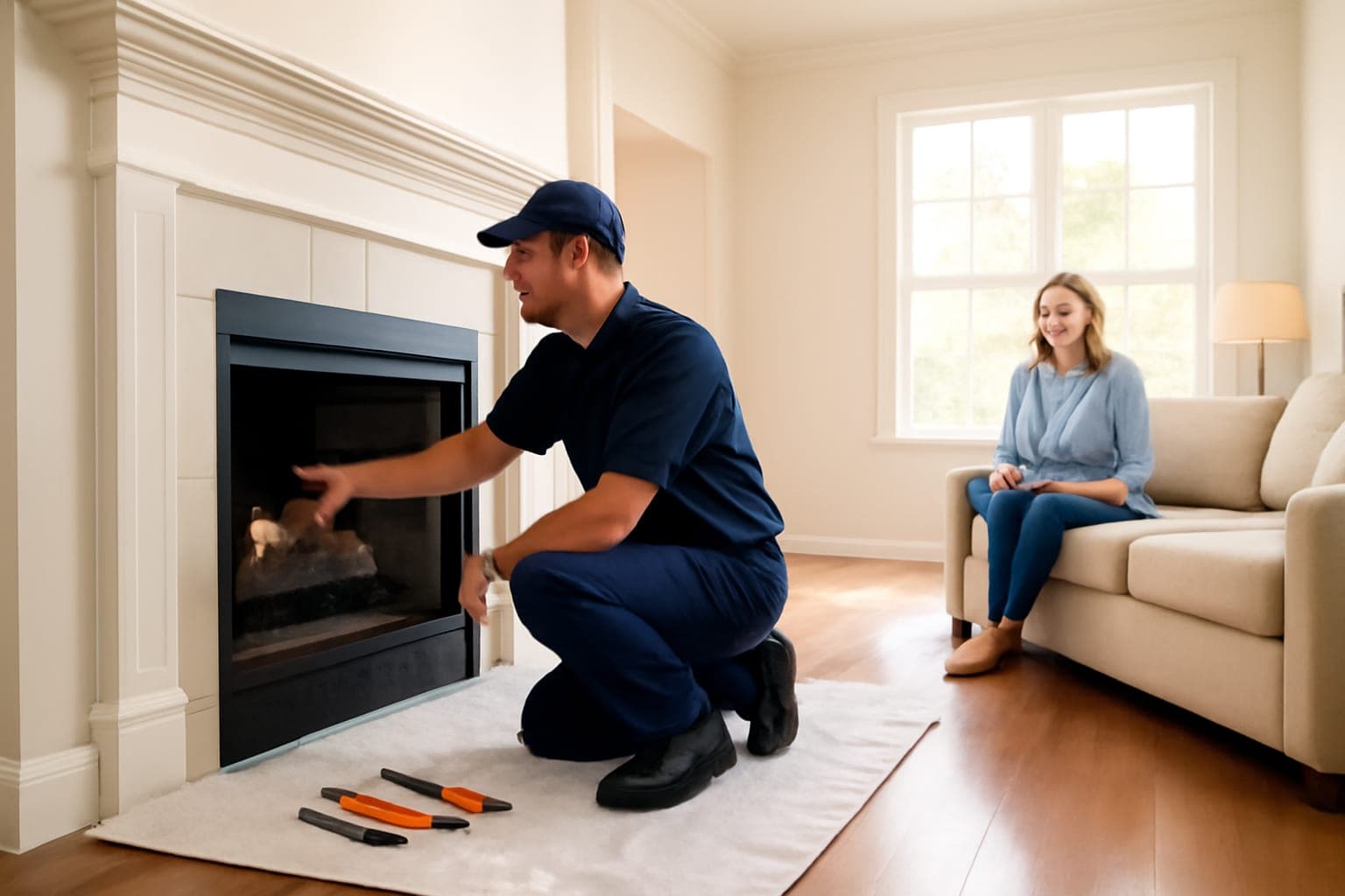 Chimney technician inspecting a gas log fireplace firebox in a bright Houston living room while the homeowner watches