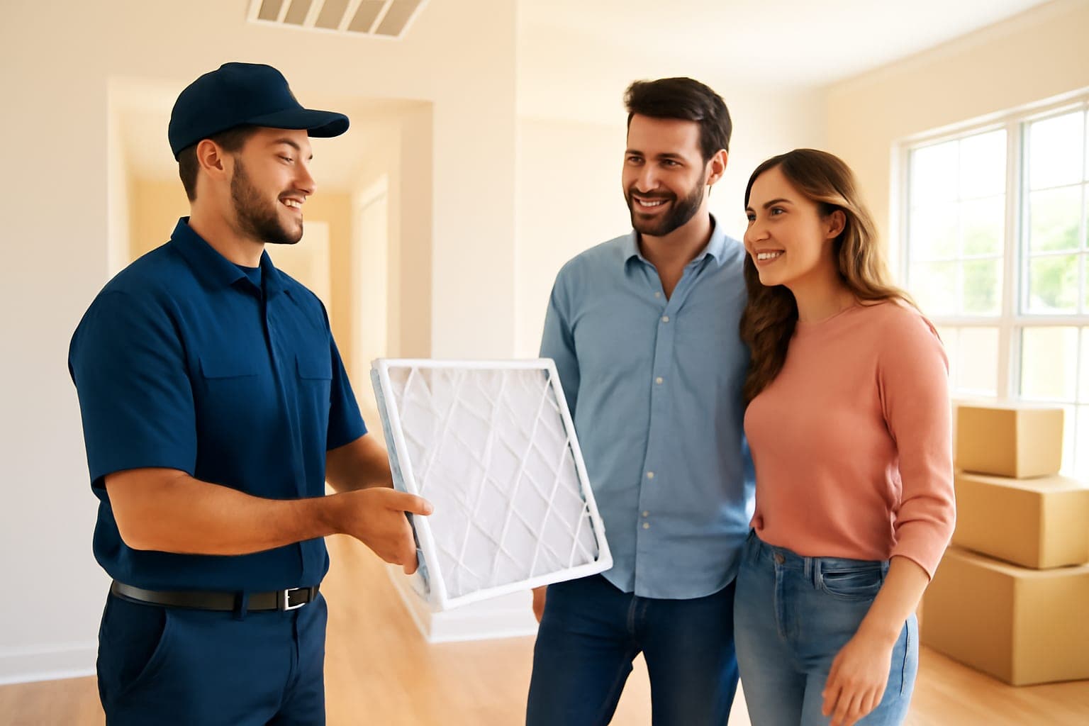 HVAC technician showing new owners the AC return filter in a freshly purchased Houston home