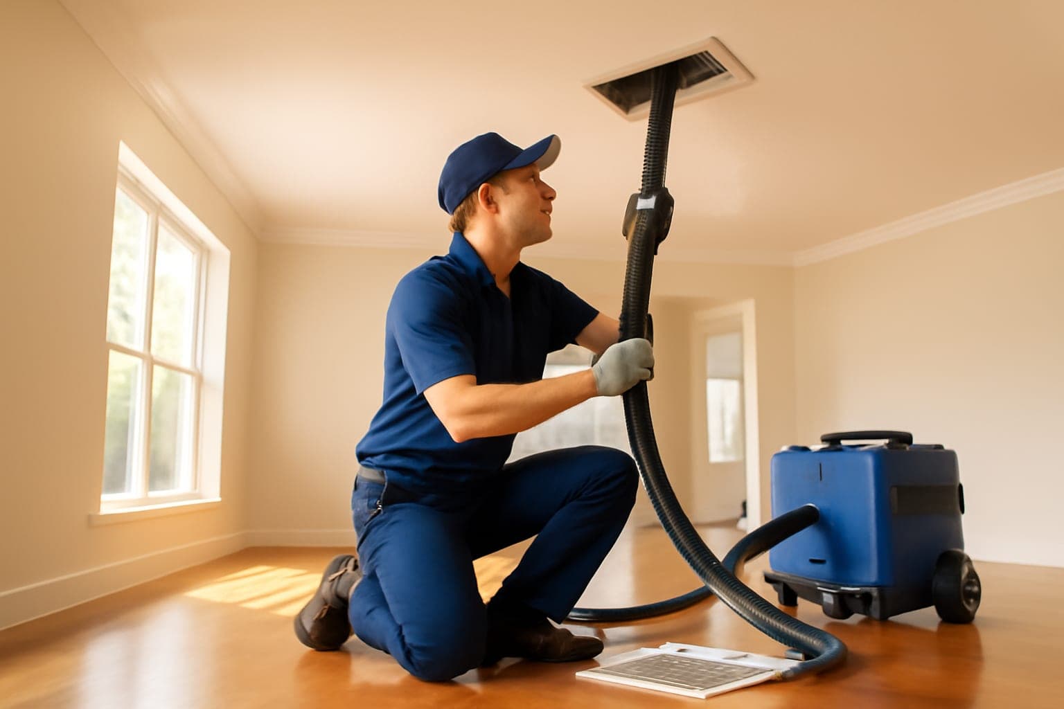 Professional air duct cleaning technician pulling dust out of a Houston home AC vent